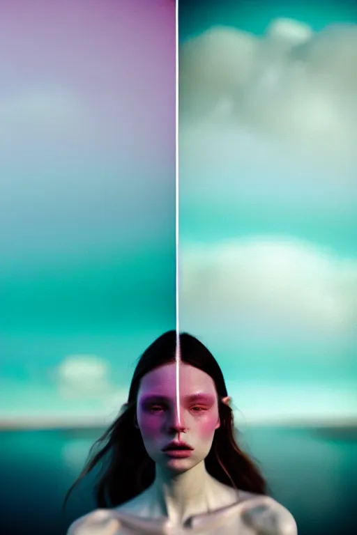 Image similar to high quality pastel coloured film close up wide angle photograph of a model wearing clothing swimming on cloud furniture in a icelandic black rock!! environment in a partially haze filled dreamstate world. three point light, rainbow. photographic production. art directed. pastel colours. volumetric clouds. pastel gradient overlay. waves glitch artefacts. extreme facial clarity. 8 k. filmic.