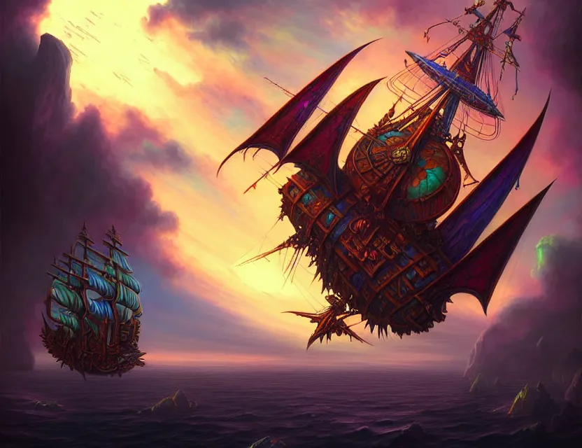 Image similar to the flying spelljammer galleon soars through the planes, amazing d & d planescape style art, trending on artstation, colorful, intricate, art by kev chan, fantasypunk, deep colors, cgsociety