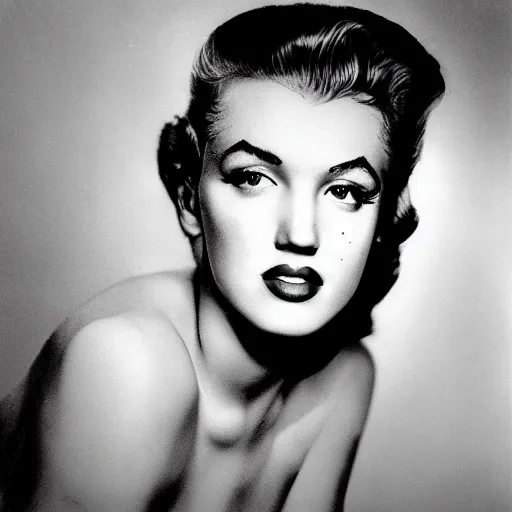 Image similar to a person who is a genetic combination of elvis presley and marilyn monroe, face and upper - body focus, detailed eyes, androgynous, photograph taken in 1 9 5 5, award winning photograph