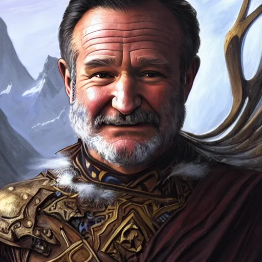 Image similar to robin williams as teferi, in the style of magic the gathering, glacier landscape, d & d, fantasy, intricate, elegant, highly detailed, digital painting, artstation, concept art, matte, sharp focus, illustration, art by artgerm and greg rutkowski and alphonse mucha