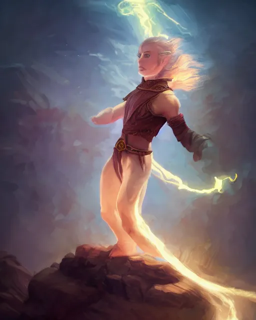 Image similar to full body portrait of a female halfling hobbit monk fistfighter, seeing a holy vision of her goddess, flowing robes and leather armor, sharp focus dynamic light painting by charlie bowater