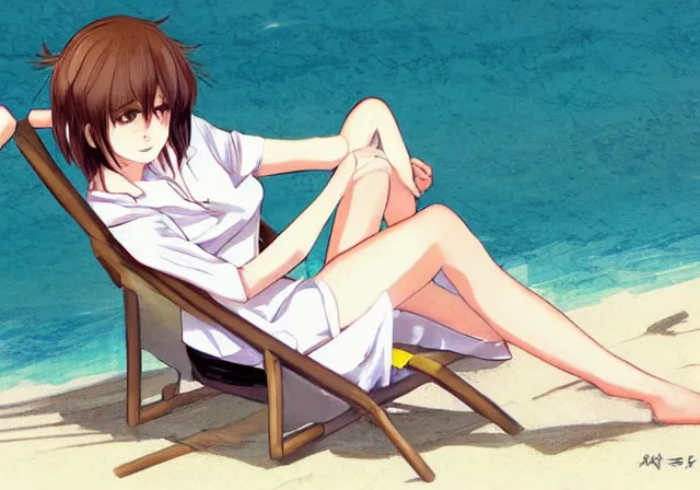 Image similar to A girl with short brown hair, wearing a white blouse, laying on a beach chair, drawn by WLOP, by Avetetsuya Studios, attractive character, colored sketch anime manga panel, trending on Artstation