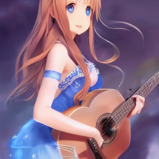 Image similar to a very beautiful little yuuki asuna playing guitar, full body, long wavy blond hair, sky blue eyes, full round face,, bikini, miniskirt, front view, mid - shot, highly detailed, cinematic wallpaper by stanley artgerm lau