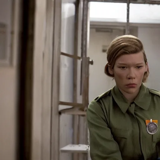 Prompt: A movie still of Lea Seydoux as a prison guard in a french prison in a Wes Anderson Movie, Wes Anderson directing