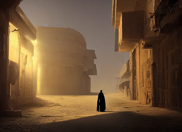 Prompt: old jeddah city alley, roshan, old shops, horse, magical glowing sand gateway to another dimension, a man wearing a white robe standing watching over, fantasy, dramatic lighting, dawn, by caspar david friedrich, unreal engine 5