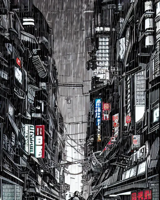 Image similar to manga illustration of poor cyberpunk city, rainy weather, highly detailed,