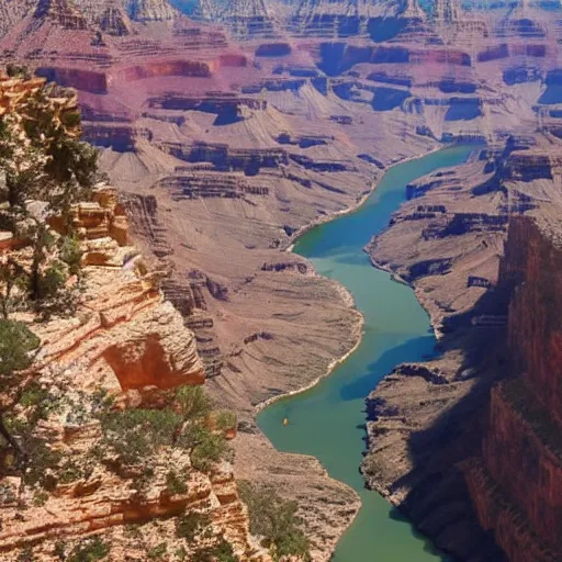 Image similar to view from a helicopter looking down into the grand canyon, photorealistic