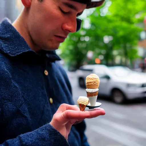 Image similar to a very sad man holding a very tiny cup of ice cream in nyc. photograph.