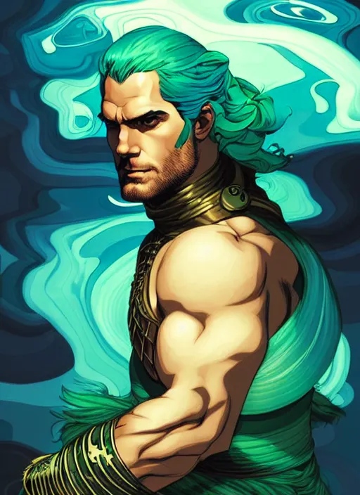 Image similar to style artgerm, joshua middleton, illustration, henry cavill as a warrior monk wearing green pelt light armor, blue hair, swirling water cosmos, fantasy, dnd, cinematic lighting