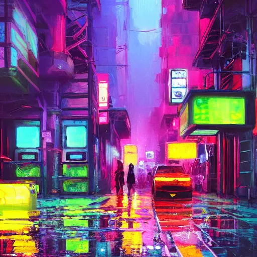 Image similar to acrylic painting, impressionism and expressionism, strong emotional impact, bold pastel colors, expressive brushstrokes, overall sense of movement in the composition. an art deco cyberpunk streetscape lined with beautiful flowers, by liam wong and tyler edlin, trending on artstation