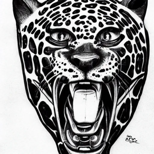 Image similar to jaguar head tattoodesign, frontview, black and white, white background. very detailed ink drawing, fine lineart, extremely detailed