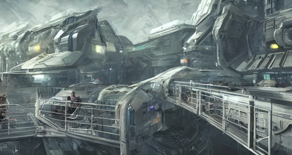 Prompt: a photo of a detailed science-fiction freight wide open architectural multi-level spaceship docking bay with balconies overlooking a nature freight yard overtaken by nature, with people working, looking out into space, 4k, unreal engine, concept art, matte painting, cosmic horror, nightmare,