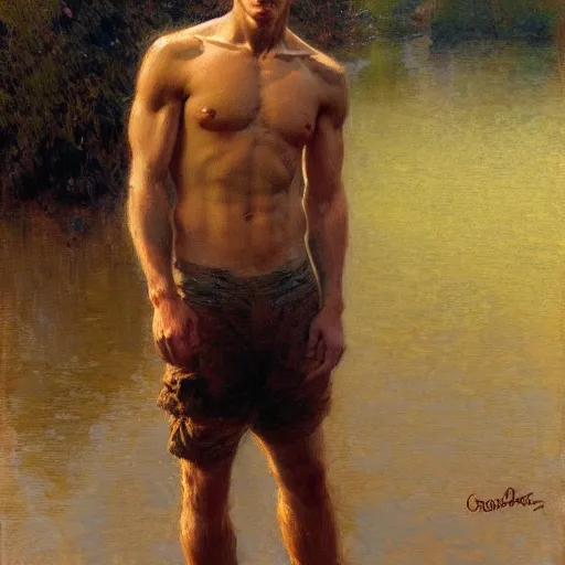 Prompt: young man by the river, muscular, detailed face, correct face, painting by Gaston Bussiere, Craig Mullins