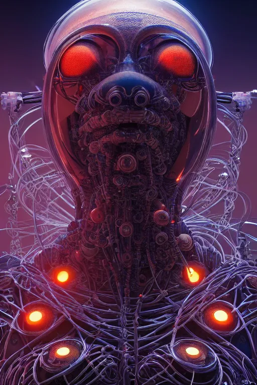 Image similar to a centered render of an alien bio - organic landscape adorned with cables and synthesizer parts is surrounded by sacred geometry, bio - mech face, powerful, cinematic, beautifully lit, by artgerm, by h. r. giger, 3 d, trending on artstation, octane render, 8 k