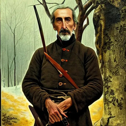 Image similar to a middle aged, martial, stark 19th century eastern european hunter with a large gray goatee looks similar to Jonathan Hyde and young Christopher Lee and young Christopher Lee. The background is a eastern european forrest. cinematic lighting, highly detailed, realistic, antique painting