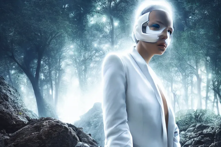 Image similar to a cinematic portrait of a beautiful middle aged woman wearing futuristic white suit on the top of a mountain, overlooking a vast serene forest, large diffused light, neon light, 4 k, ultra realistic, dramatic lighting, rain, clouds, fog, vogue, fashion, glamour, magazine spread, by marco mazzoni and jessica rossier