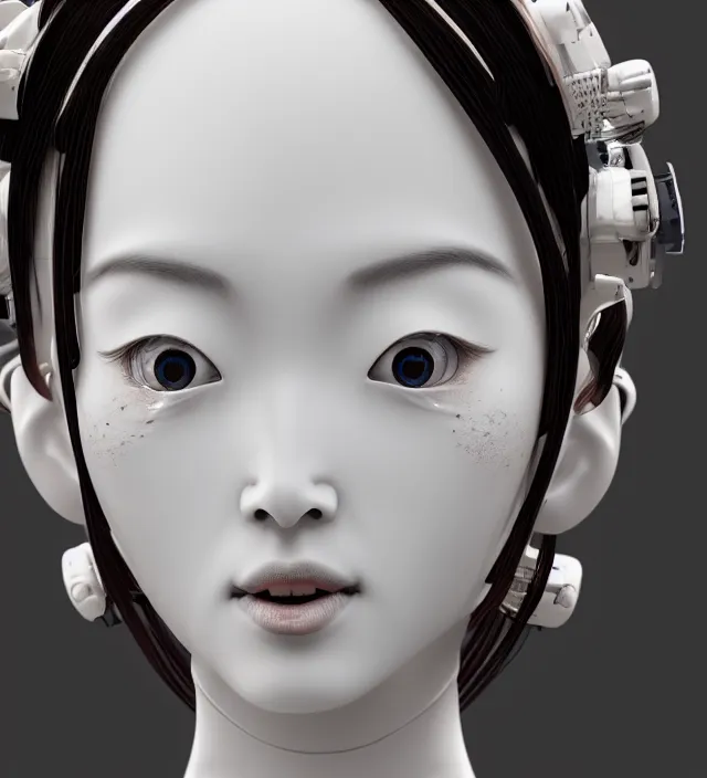 Image similar to portrait of a beautiful japanese robotic geisha with wires and actuators, porcelain white face, dramatic lighting, hyper - realistic, ultra - realistic, intricate details, japanese model, 8 k ultra high definition, octane render