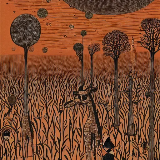 Image similar to safari on a surreal martian like world, strange unknown tall giraffe like creatures roaming the barren plains, woodblock, black fine lines on warm brown, by stanley donwoood, by victo ngai