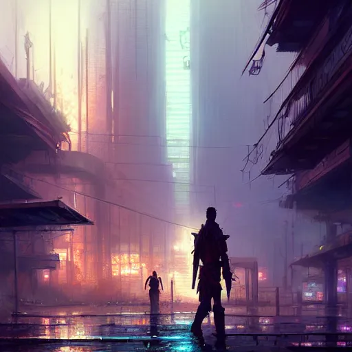 Prompt: an exhausted warrior wandering through a lost cyberpunk city from left to right, rainy day, radiant light, digital painting, art station, cell shaded, by les edwards, by greg rutkowski