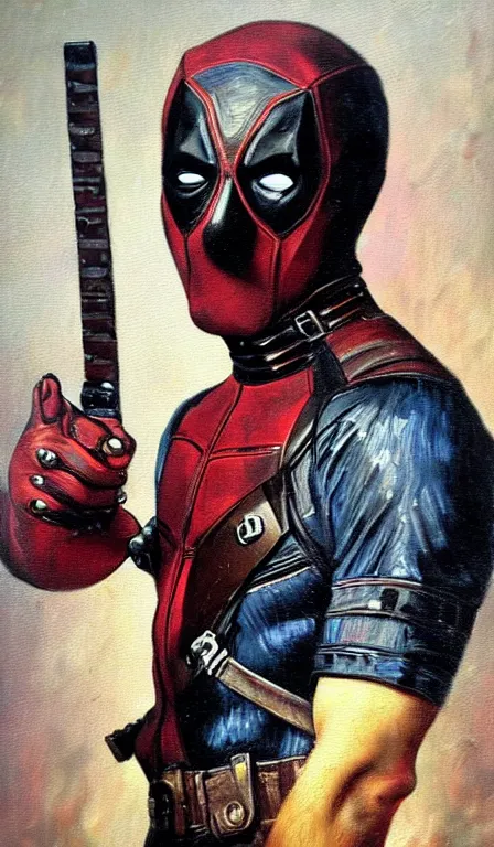 Image similar to oil painting of victorian deadpool created by james jean, vincent van gogh, michaelangelo, fantasy, portrait, highly detailed, large brush strokes