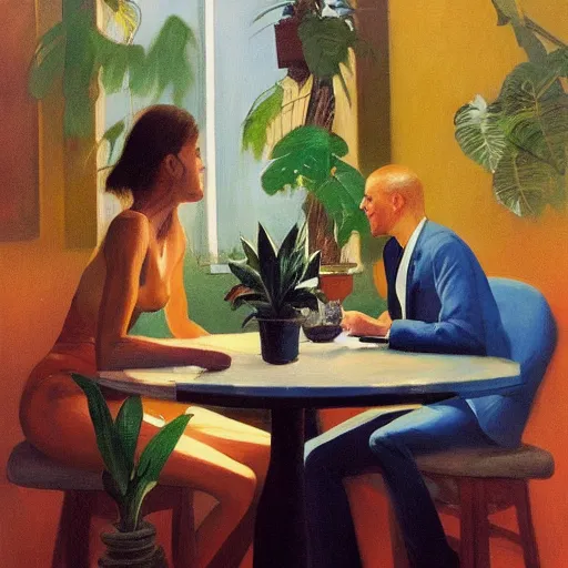 Image similar to an excited couple redefining love in a caffe surrounded by plants, oil on canvas by Francis Bacon and Edward Hopper, bruce pennington, James Gilleard, artstation