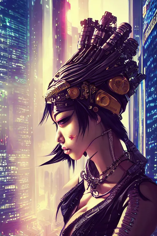 Prompt: soft lustrous ebony geisha raver gutter punk cyberpunk steampunk cyborg yakuza, golden ratio, details, scifi, fantasy, cyberpunk city, intricate, decadent, highly detailed, unreal engine, octane render, digital painting, artstation, concept art, sharp focus, illustration, art by artgerm, loish, wlop