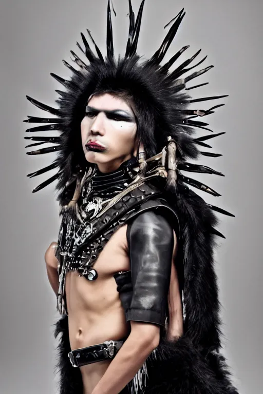 Prompt: a indigenous inuit genderqueer person in a black leather outfit with spikes on their head, a high fashion character portrait by christen dalsgaard, featured on behance, gothic art, androgynous, genderless, gothic