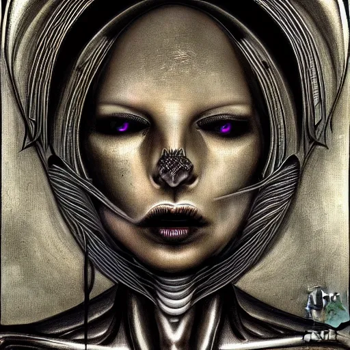 Prompt: portrait of a beautiful woman, alien, high detail, painting by hr giger