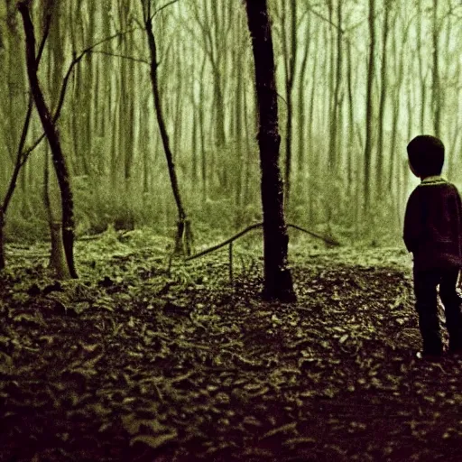 Image similar to kid looking at camera in forest at night, far away from camera, 70s photo, out of focus, motion blur, cctv footage, horror movie, horror lighting, blair witch project, old photo