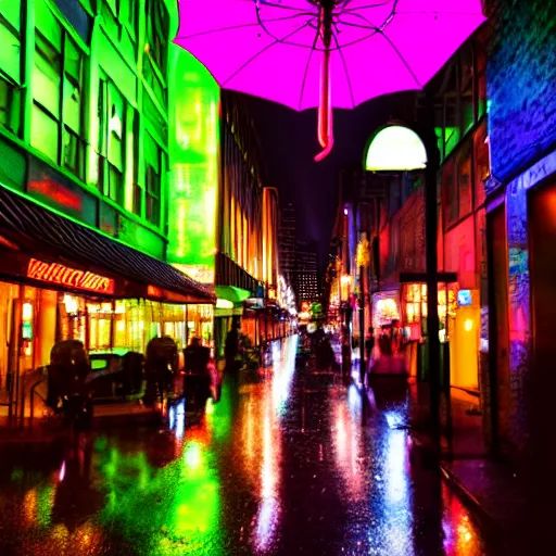 Prompt: Seattle street after rain glowing neon lights slightly blurry in background. Focus on a clear umbrella upside down in the foreground. High definition