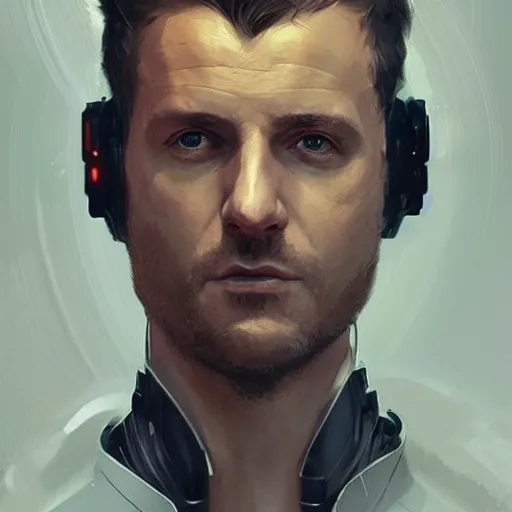 Image similar to portrait of a man by greg rutkowski, he looks like gabriel macht with cybernetic eyes, wearing a futuristic flying jacket, highly detailed portrait, scifi, digital painting, artstation, concept art, smooth, sharp foccus ilustration, artstation hq