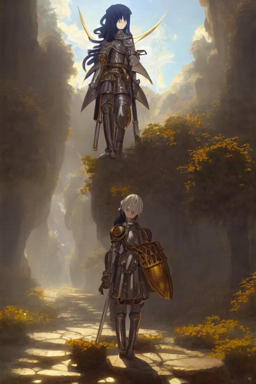 Image similar to baroque oil painting of anime key visual concept art of rustic grand stone chapel with female knight standing in the doorway wearing silver armor with gold trims, trending on artstation, brush strokes, oil on canvas, style of kawacy and makoto shinkai and greg rutkowski and studio ghibli