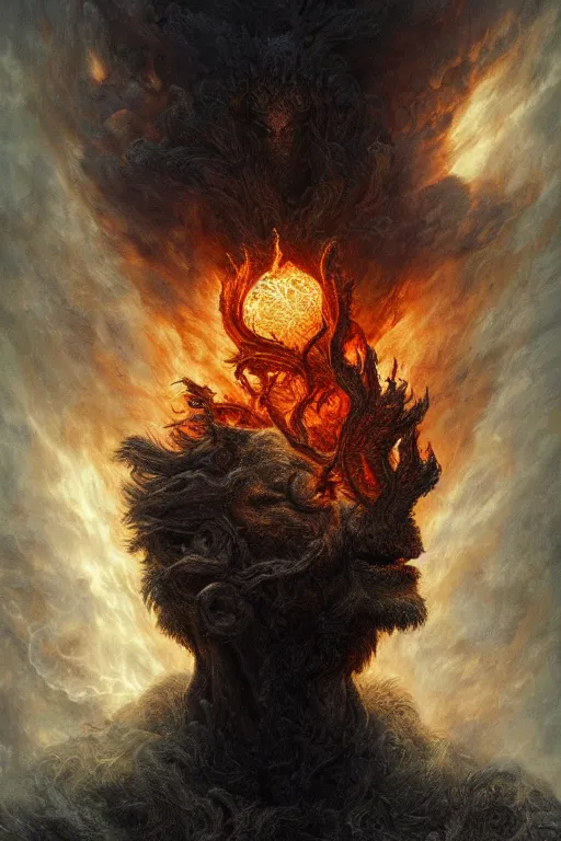 Image similar to Intricate stunning highly detailed fire deity by agostino arrivabene, Greg Rutkowski, sculpture, ultra realistic, Horror vacui, beautiful lighting, full moon, ravens, thick black swirling smoke tornado, burning fire embers, artstation