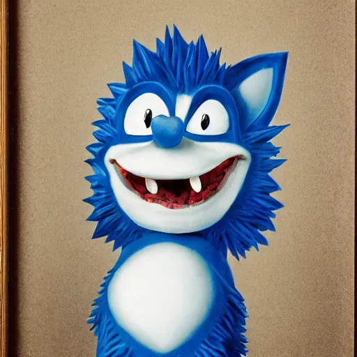 Image similar to anthropomorphic blue hedgehog with human teeth, studio portrait