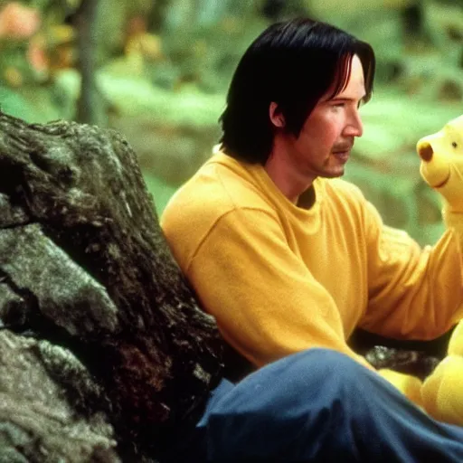 Image similar to A still of Keanu Reeves as Winnie the Pooh