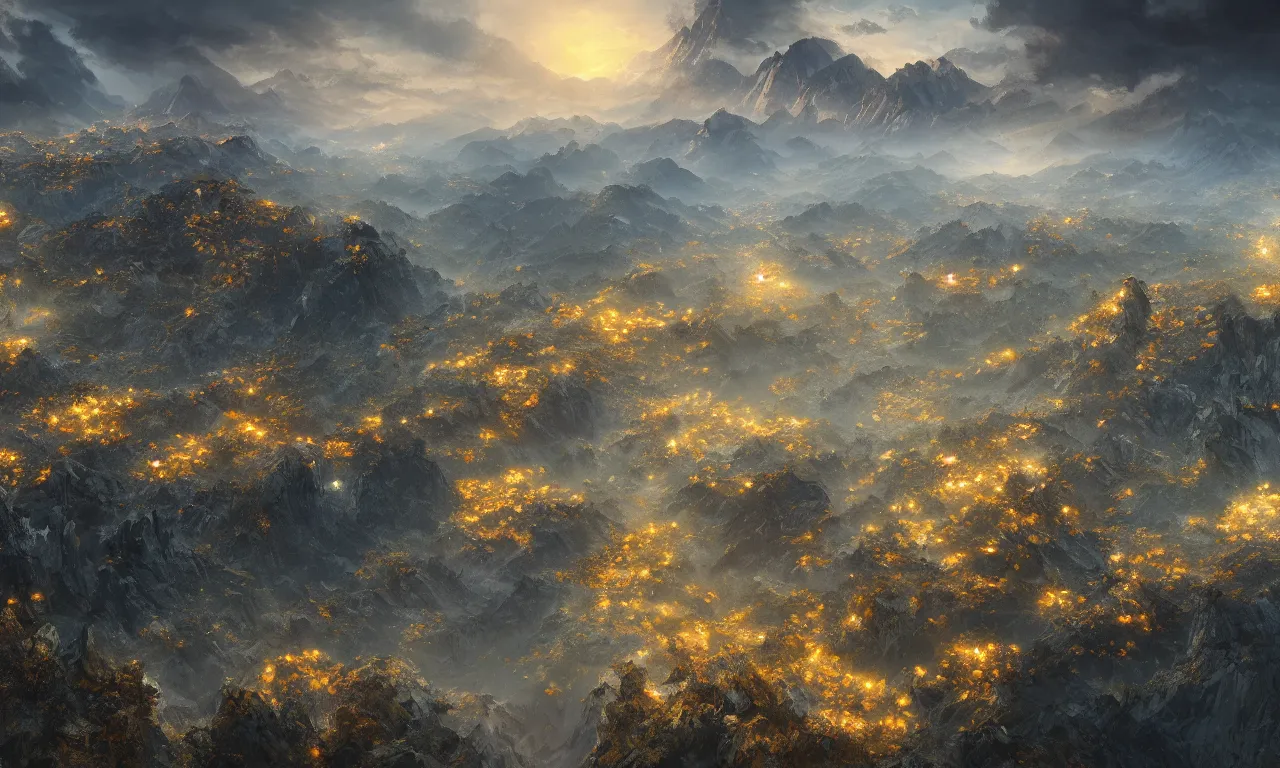 Image similar to breathtaking detailed digital painting of an aerial view of luxurious nature, mountains rocks at dawn with intricate ribbons and golden petals flying, with moody dark tumultuous clouds, by dao trong le, artstation, concept art, matte, 8 k,