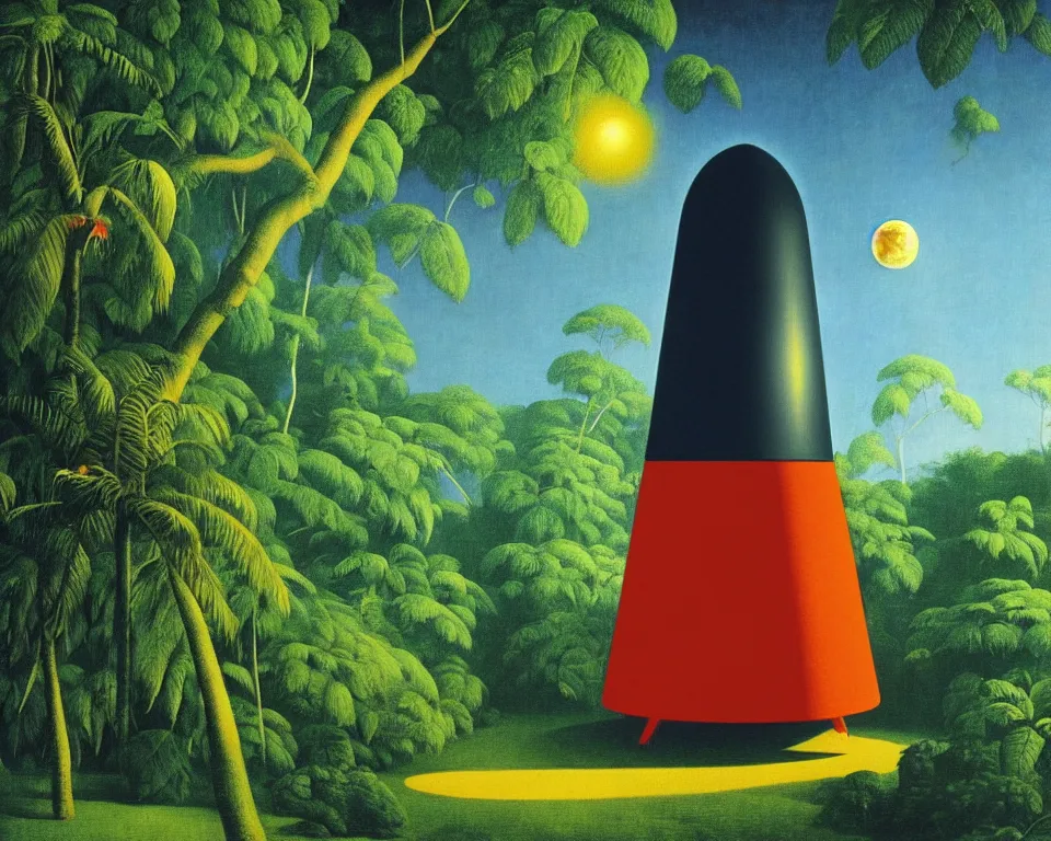 Image similar to an achingly beautiful print of the lunar lander in the middle of a tropical rainforest by Raphael, Hopper, and Rene Magritte. detailed, romantic, enchanting, trending on artstation.