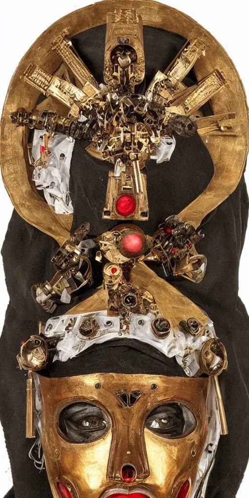 Image similar to a beautiful cyborg made of catholic symbols ceremonial maske