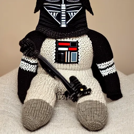 Image similar to knitted doll dart vader sitting on a chair, lethal preservation, proportions, high quality, realism, foreground focus,