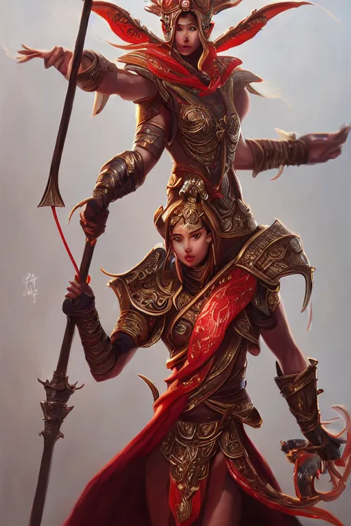 Image similar to a masterpiece portrait of nezha, legendary slim male god holding spear and red armor, bomb, fantasy character portrait, hyper detailed, digital painting, 8 k realistic, trending on artstation, sharp focus, dof, by fenghua zhong, artgerm, ne zha from smite, tsuyoshi nagano, flame everywhere