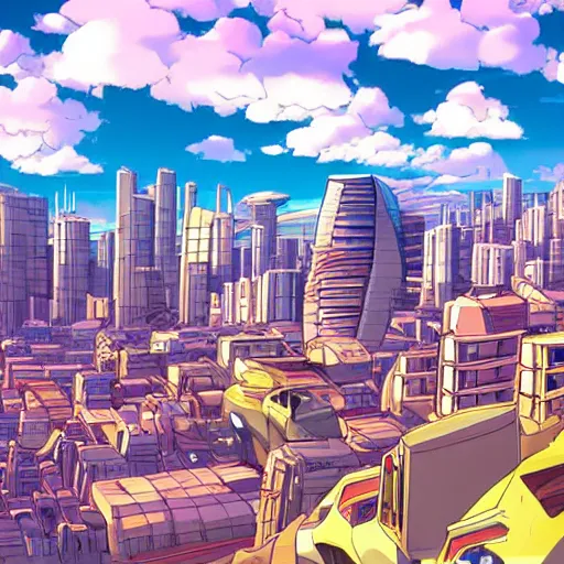 Image similar to futuristic city on a mountainside, colorful city, megacity, clouds on mountain, buildings on mountainside, cel - shading, cel - shaded, 2 0 0 1 anime, bright sunshine