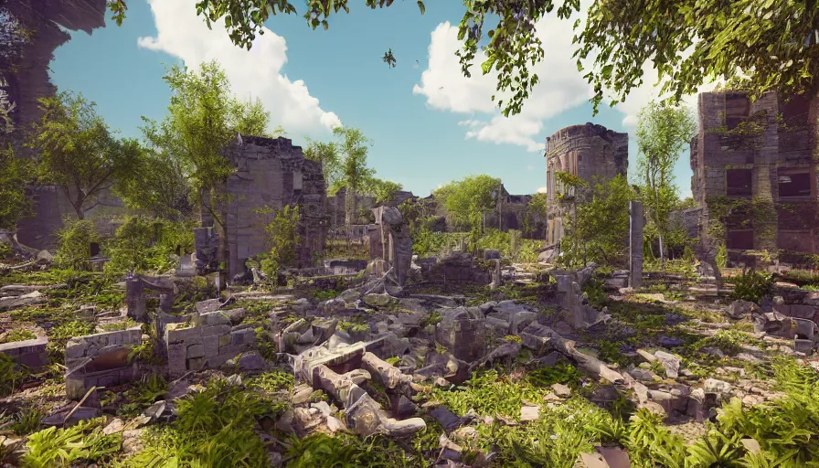 Prompt: craft garden built in destroyed washington dc's ruins, sunny day, hyperdetailed, artstation, cgsociety, 8 k