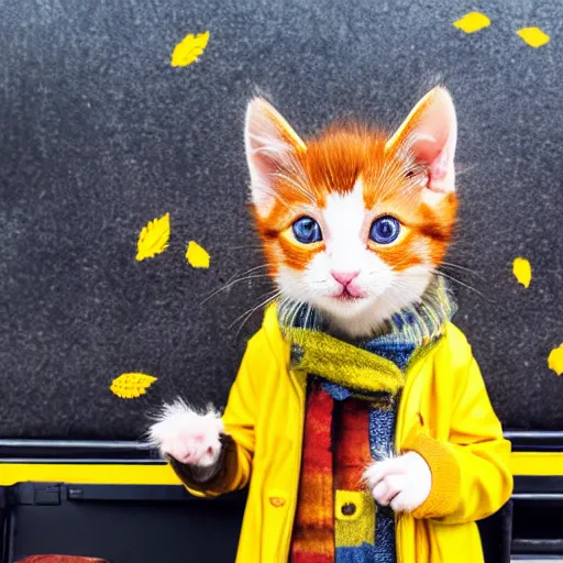 Prompt: anthropomorphic cute kitten wearing a yellow raincoat and yellow boots getting on the school bus on the first day of kindergarten, with colorful fall leaves and light rain