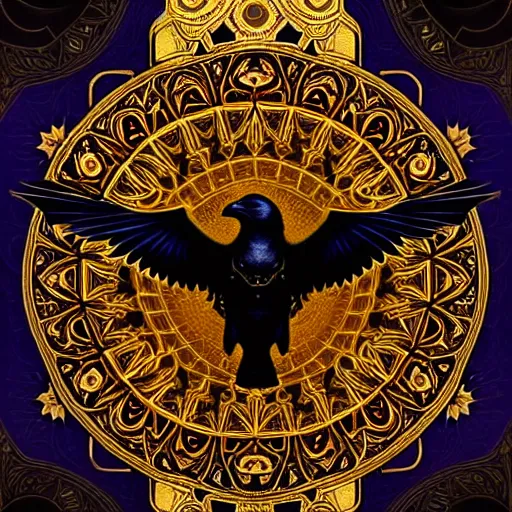 Prompt: beautiful mandala of ravens, fully symmetrical, fantasy, golden ornamental, detailed digital painting, artstation, concept art, painterly, sharp focus, illustration, art by John Collier and Krenz Cushart and Artem Demura and Rafael and Alphonse Mucha and Albert Aublet