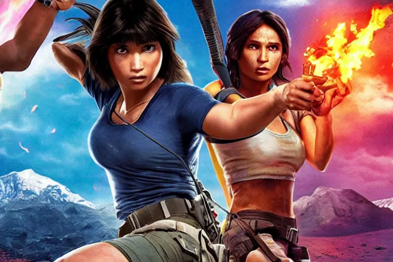 Image similar to Dora the Explorer vs Lara Croft, film by Michael Bay