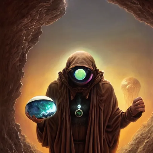 Prompt: masked nomad male wearing a cloak on an alien world and holding a holographic planet projection in his hand, detailed, sci - fi, digital painting, artstation, sharp focus, illustration, ominous, artgerm, tomasz alen kopera, peter mohrbacher, donato giancola, joseph christian leyendecker, wlop, frank frazetta