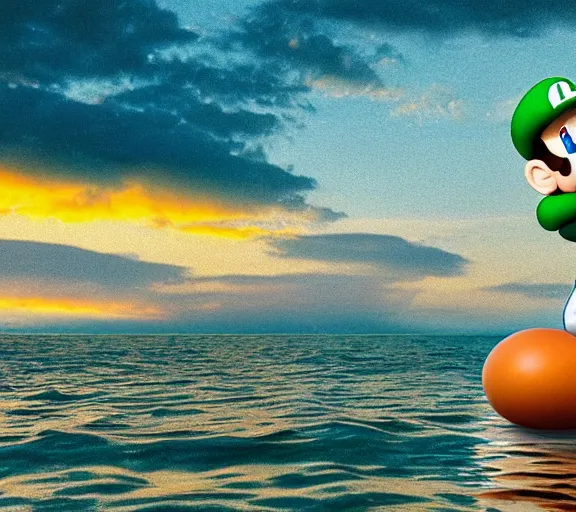 Image similar to luigi floating on an egg over the sea, wide shot, dramatic, golden hour