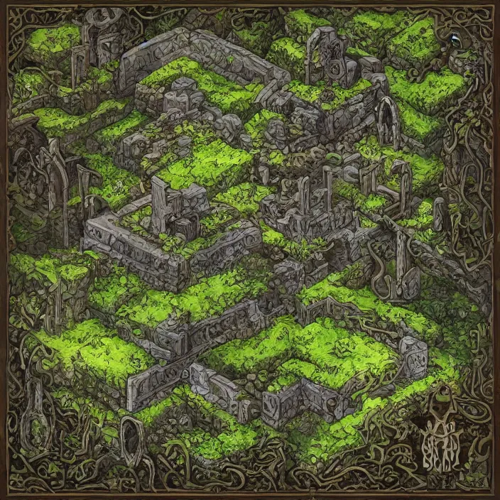 Image similar to ancient overgrown ruins, medieval gates, runestones, nostlagia, mysetrious etherial mesmerizing runic cat eyes, magical elven geometry, floating islands, high detail