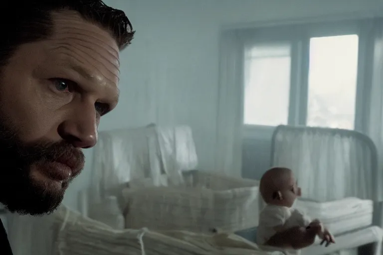 Image similar to film still of Tom Hardy as Max Payne in a dark dream next to a baby crib in the Max Payne movie, 4k