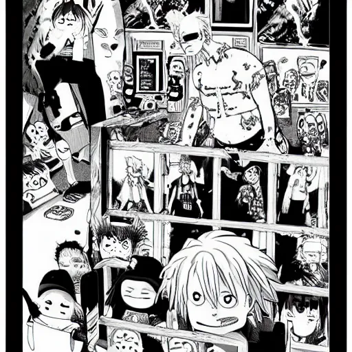 Prompt: “bad grandpa” graphic novel illustrated by Kishimoto published on Shonen Jump 2017 black and white pen and ink highly detailed
